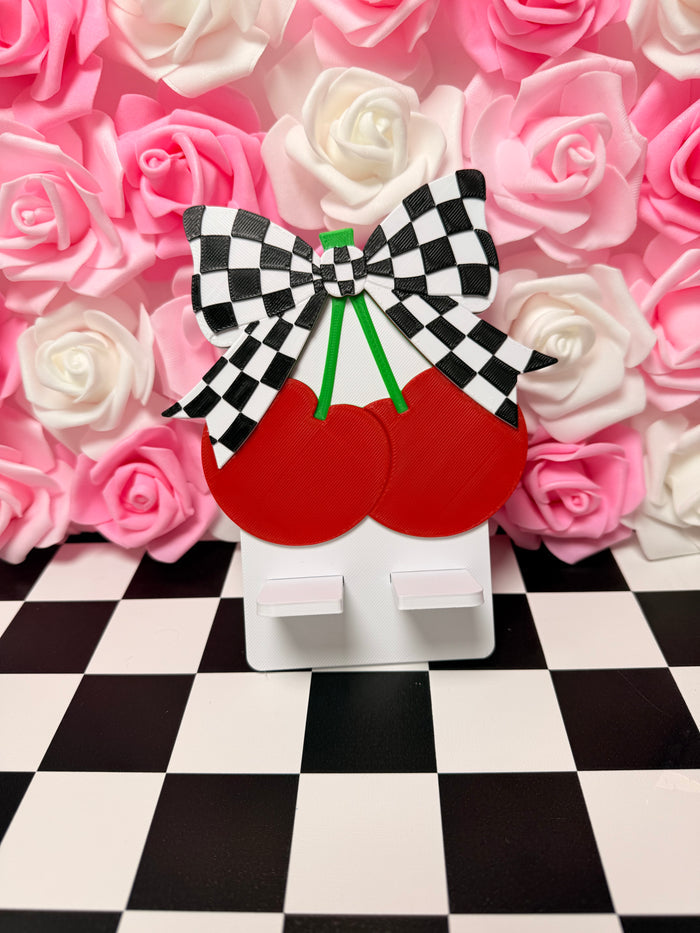 Checkered bow and cherries phone holder
