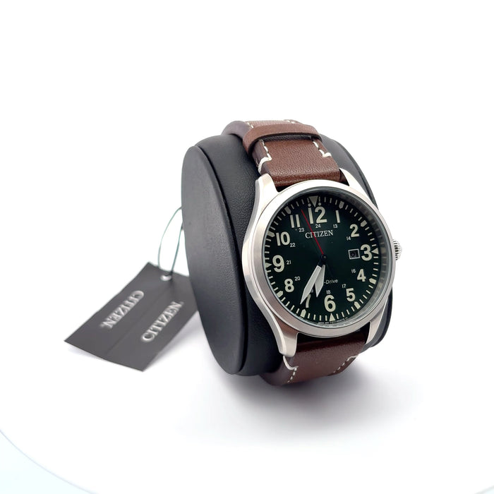 Citizen Eco-Drive Green Dial Brown Leather Strap Watch