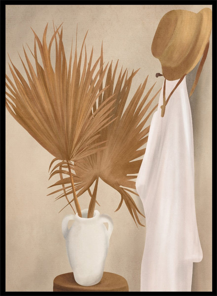 White vase with dried palm leaves and a white garment on a beige background. Boho Palm Summer Vibes by City Art is a neutral boho art print with dried palm leaves, a white summer dress, a straw hat, and warm organic textures.