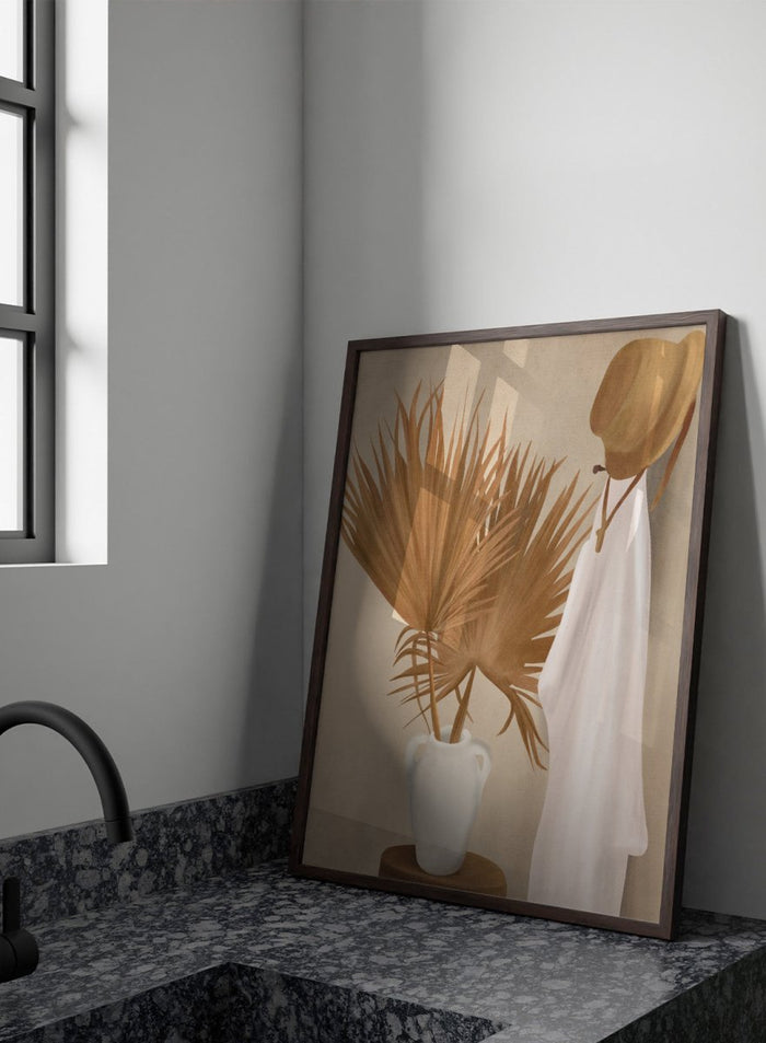 White vase with dried palm leaves and a white garment on a beige background. Boho Palm Summer Vibes by City Art is a neutral boho art print with dried palm leaves, a white summer dress, a straw hat, and warm organic textures.