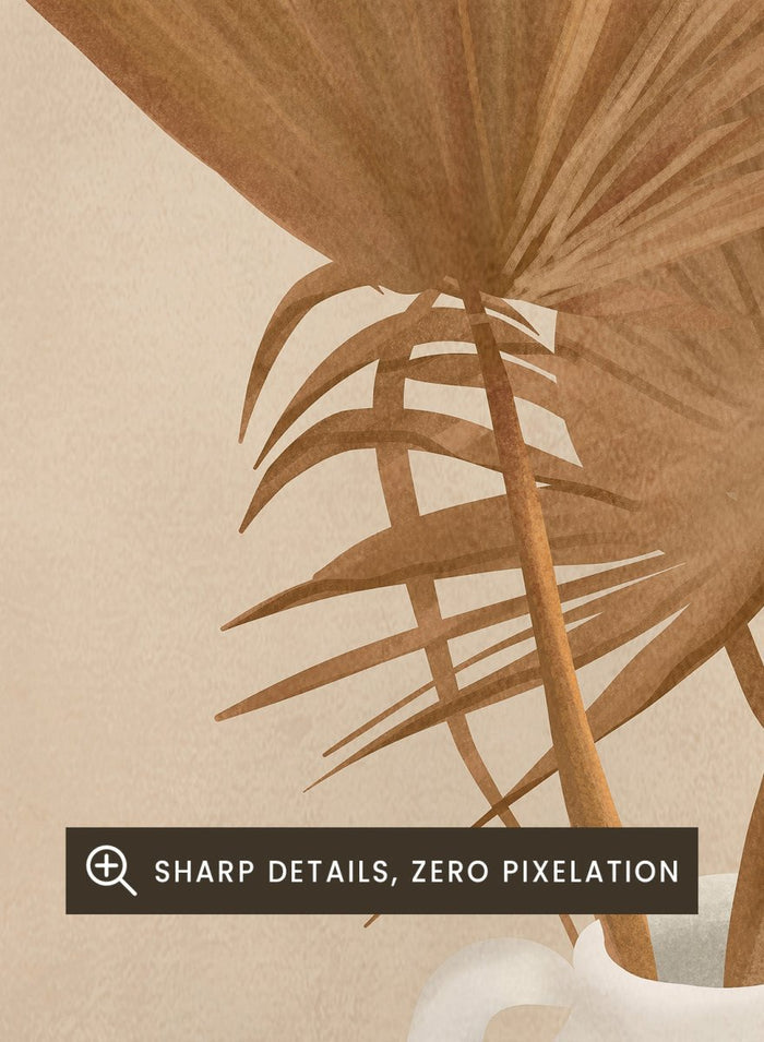 White vase with dried palm leaves and a white garment on a beige background. Boho Palm Summer Vibes by City Art is a neutral boho art print with dried palm leaves, a white summer dress, a straw hat, and warm organic textures.