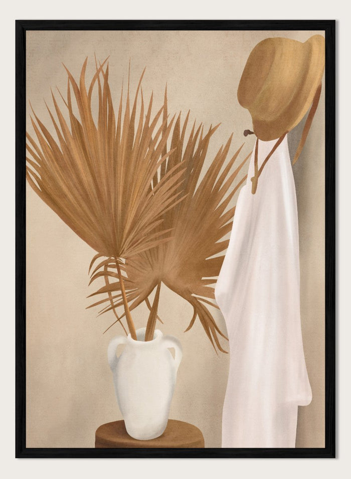 White vase with dried palm leaves and a white garment on a beige background. Boho Palm Summer Vibes by City Art is a neutral boho art print with dried palm leaves, a white summer dress, a straw hat, and warm organic textures.