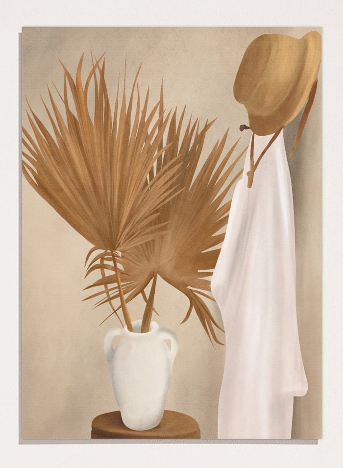 White vase with dried palm leaves and a white garment on a beige background. Boho Palm Summer Vibes by City Art is a neutral boho art print with dried palm leaves, a white summer dress, a straw hat, and warm organic textures.
