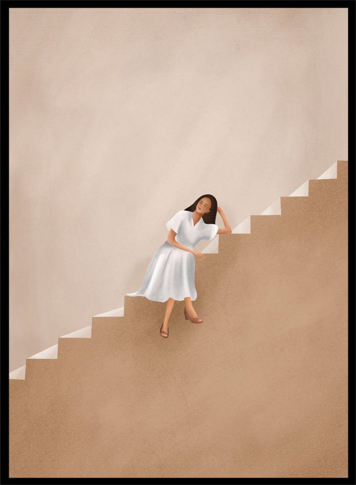 Woman in a white dress walking up a set of stairs with a beige wall and floor. Calm Woman Staircase by City Art is a minimalist figurative art print featuring a woman seated on a staircase with soft neutral tones and modern architectural style.