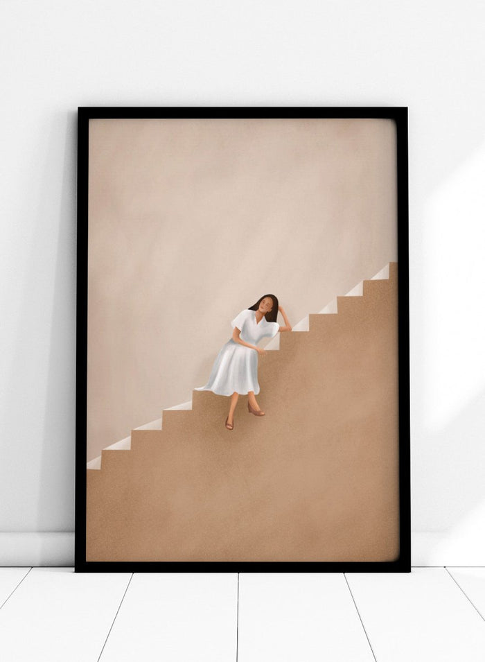 Woman in a white dress walking up a set of stairs with a beige wall and floor. Calm Woman Staircase by City Art is a minimalist figurative art print featuring a woman seated on a staircase with soft neutral tones and modern architectural style.