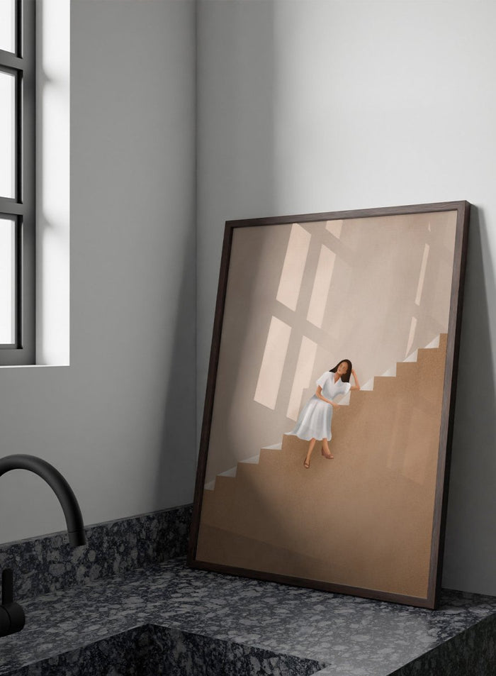 Woman in a white dress walking up a set of stairs with a beige wall and floor. Calm Woman Staircase by City Art is a minimalist figurative art print featuring a woman seated on a staircase with soft neutral tones and modern architectural style.