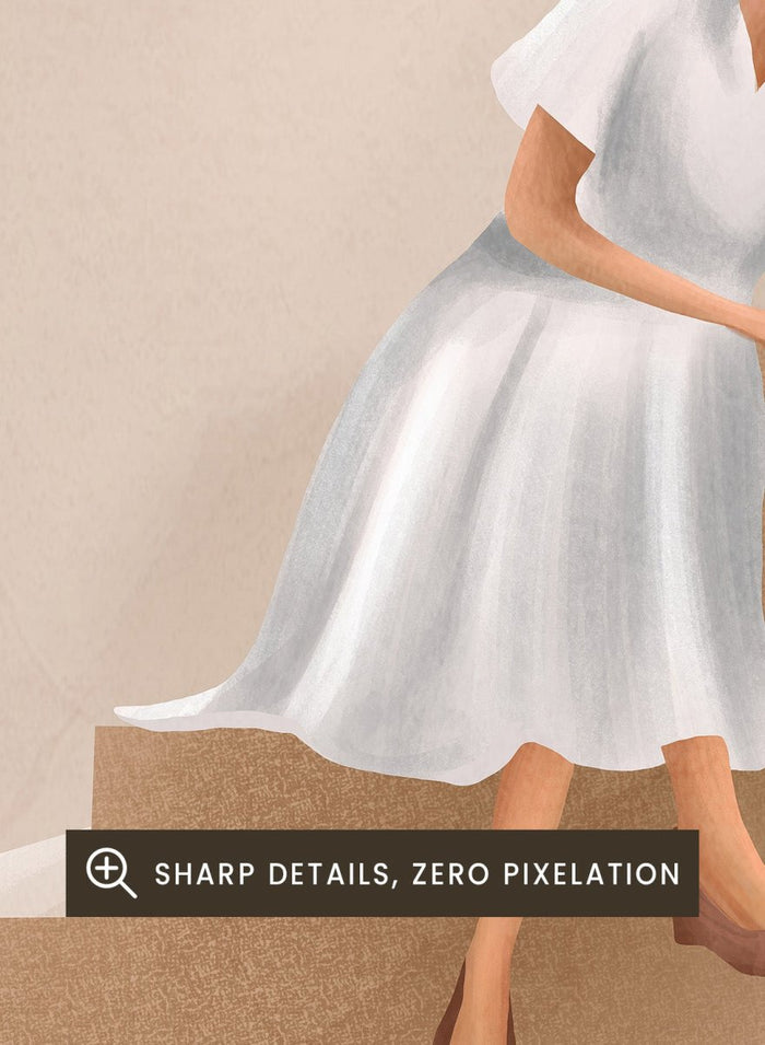 Woman in a white dress walking up a set of stairs with a beige wall and floor. Calm Woman Staircase by City Art is a minimalist figurative art print featuring a woman seated on a staircase with soft neutral tones and modern architectural style.