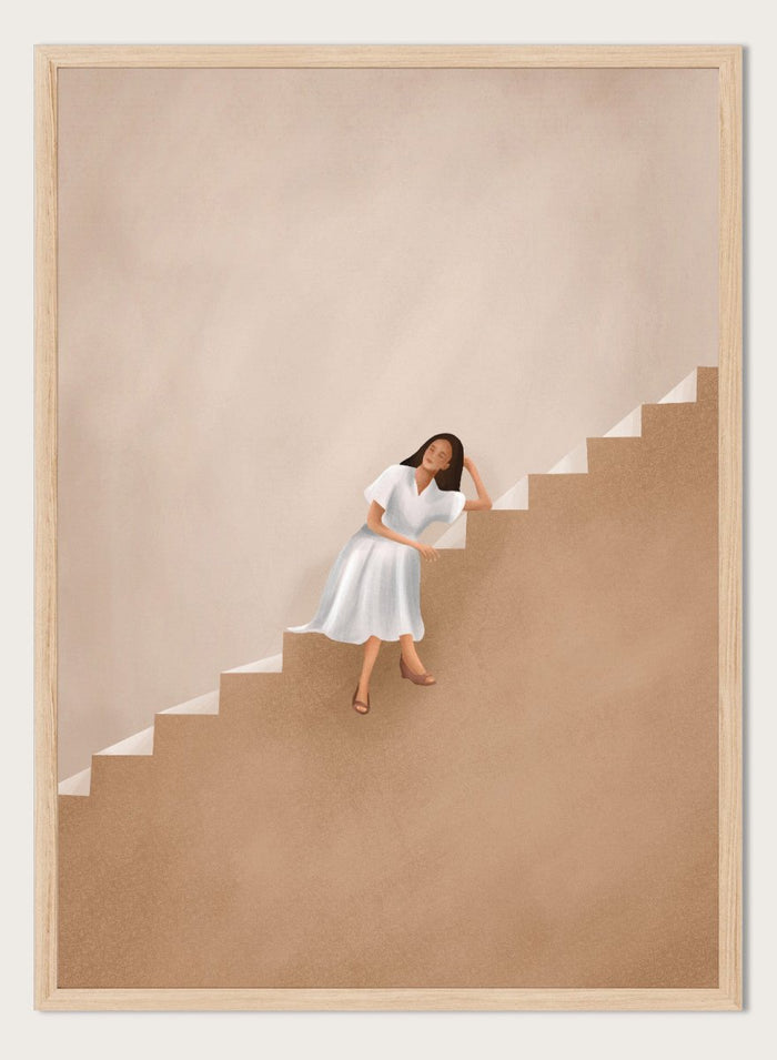 Woman in a white dress walking up a set of stairs with a beige wall and floor. Calm Woman Staircase by City Art is a minimalist figurative art print featuring a woman seated on a staircase with soft neutral tones and modern architectural style.
