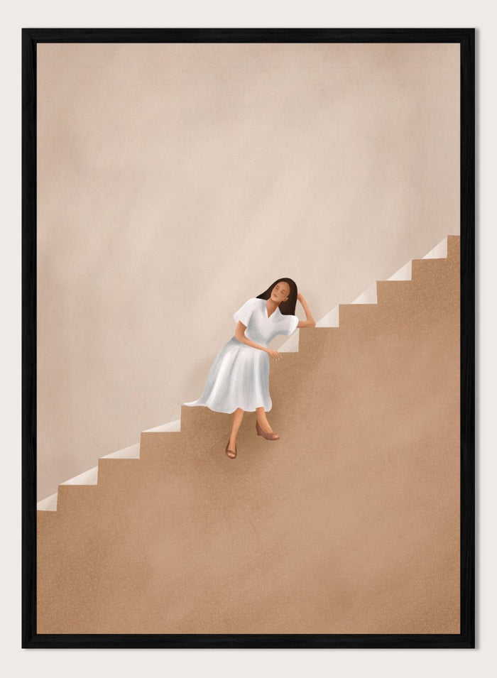 Woman in a white dress walking up a set of stairs with a beige wall and floor. Calm Woman Staircase by City Art is a minimalist figurative art print featuring a woman seated on a staircase with soft neutral tones and modern architectural style.