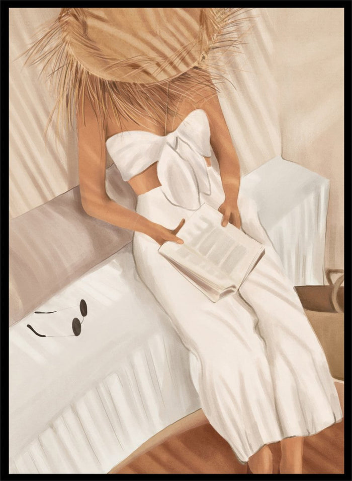 Woman in a white dress holding a clutch, sitting on a couch with a neutral background. Chic Summer Reading by City Art features a woman reading in a sunlit bedroom, bringing warm neutrals, relaxed interiors, and organic summer style home.