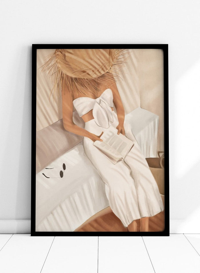Woman in a white dress holding a clutch, sitting on a couch with a neutral background. Chic Summer Reading by City Art features a woman reading in a sunlit bedroom, bringing warm neutrals, relaxed interiors, and organic summer style home.