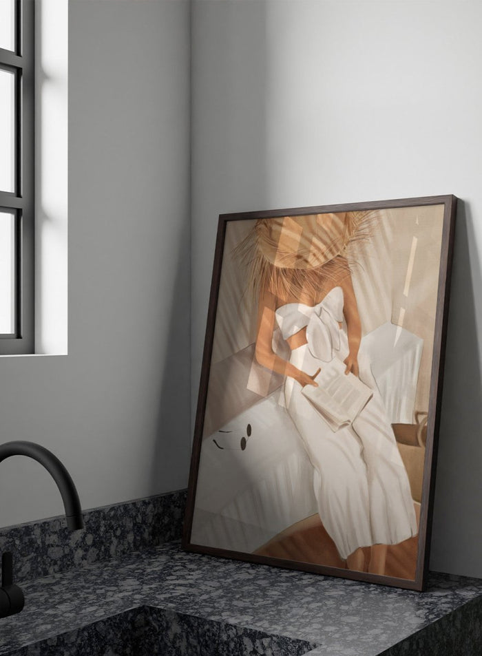 Woman in a white dress holding a clutch, sitting on a couch with a neutral background. Chic Summer Reading by City Art features a woman reading in a sunlit bedroom, bringing warm neutrals, relaxed interiors, and organic summer style home.