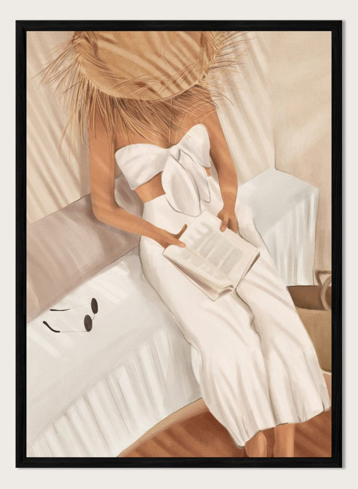 Woman in a white dress holding a clutch, sitting on a couch with a neutral background. Chic Summer Reading by City Art features a woman reading in a sunlit bedroom, bringing warm neutrals, relaxed interiors, and organic summer style home.