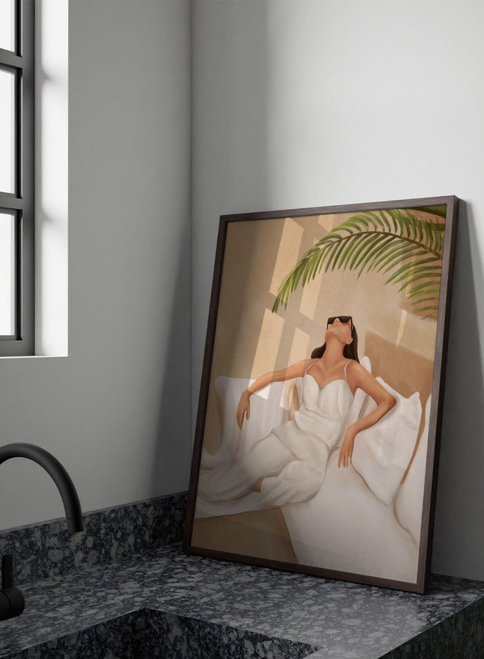 Woman in a white dress lying on a couch with a palm leaf above, against a beige wall. Chic Summer Serenity by City Art features a woman reclining among cushions and palm leaves, bringing warm summer tones and relaxed interiors to your home.