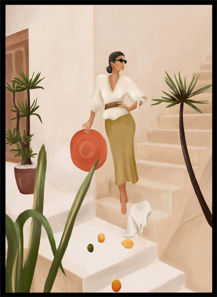 Woman descending stairs holding a red bag, surrounded by plants and fruit on a light background. Chic Woman Warm Steps by City Art features a woman surrounded by tropical plants and warm Mediterranean interiors, bringing organic living and natural style into the home.