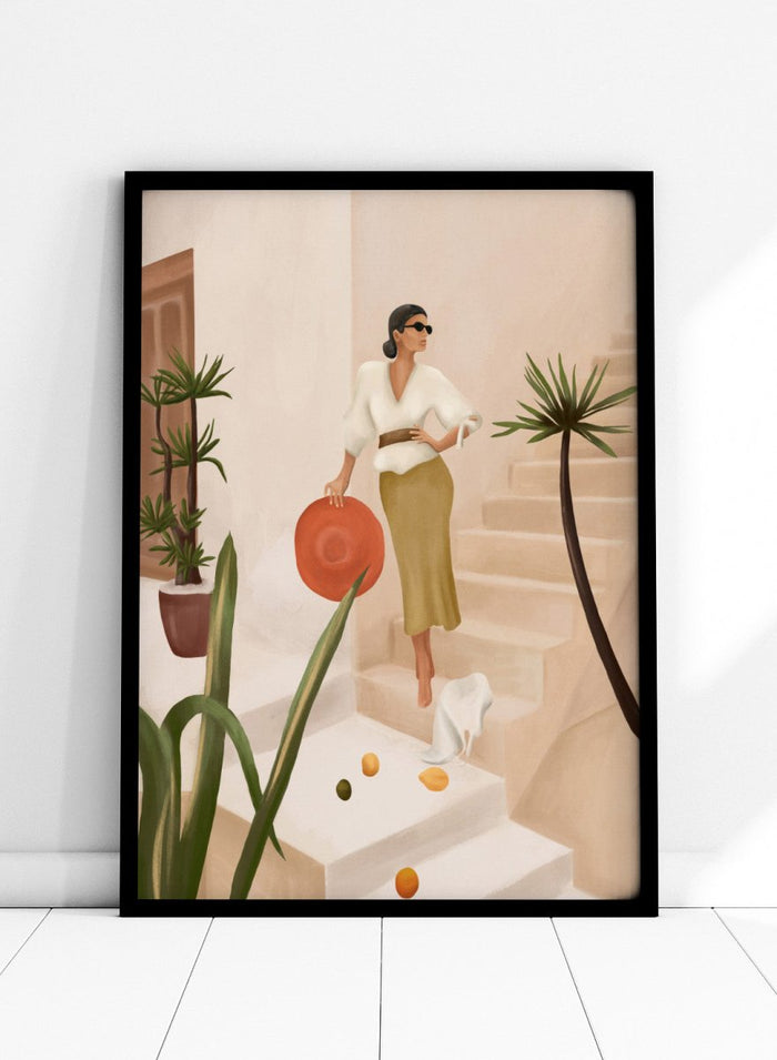 Woman descending stairs holding a red bag, surrounded by plants and fruit on a light background. Chic Woman Warm Steps by City Art features a woman surrounded by tropical plants and warm Mediterranean interiors, bringing organic living and natural style into the home.