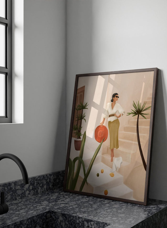Woman descending stairs holding a red bag, surrounded by plants and fruit on a light background. Chic Woman Warm Steps by City Art features a woman surrounded by tropical plants and warm Mediterranean interiors, bringing organic living and natural style into the home.