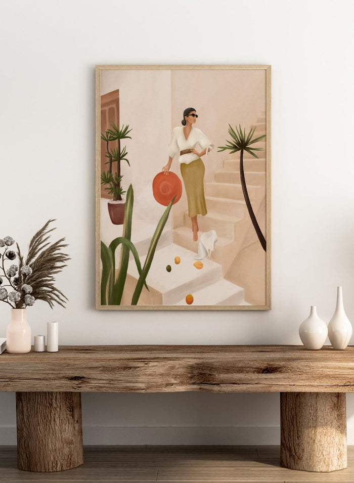 Woman descending stairs holding a red bag, surrounded by plants and fruit on a light background. Chic Woman Warm Steps by City Art features a woman surrounded by tropical plants and warm Mediterranean interiors, bringing organic living and natural style into the home.