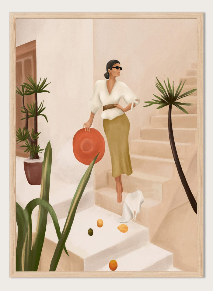 Woman descending stairs holding a red bag, surrounded by plants and fruit on a light background. Chic Woman Warm Steps by City Art features a woman surrounded by tropical plants and warm Mediterranean interiors, bringing organic living and natural style into the home.