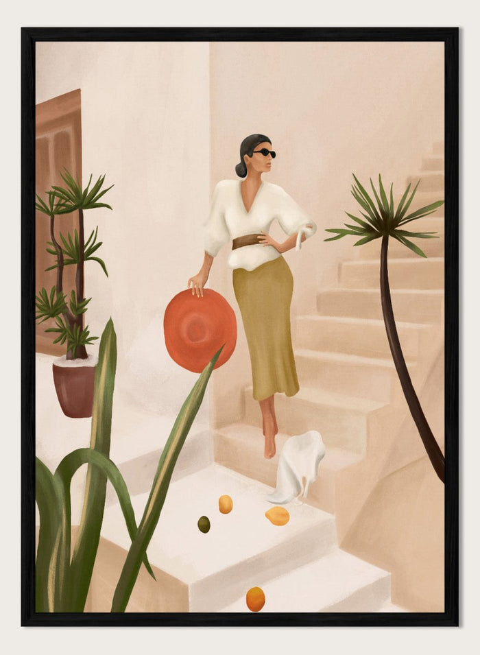Woman descending stairs holding a red bag, surrounded by plants and fruit on a light background. Chic Woman Warm Steps by City Art features a woman surrounded by tropical plants and warm Mediterranean interiors, bringing organic living and natural style into the home.