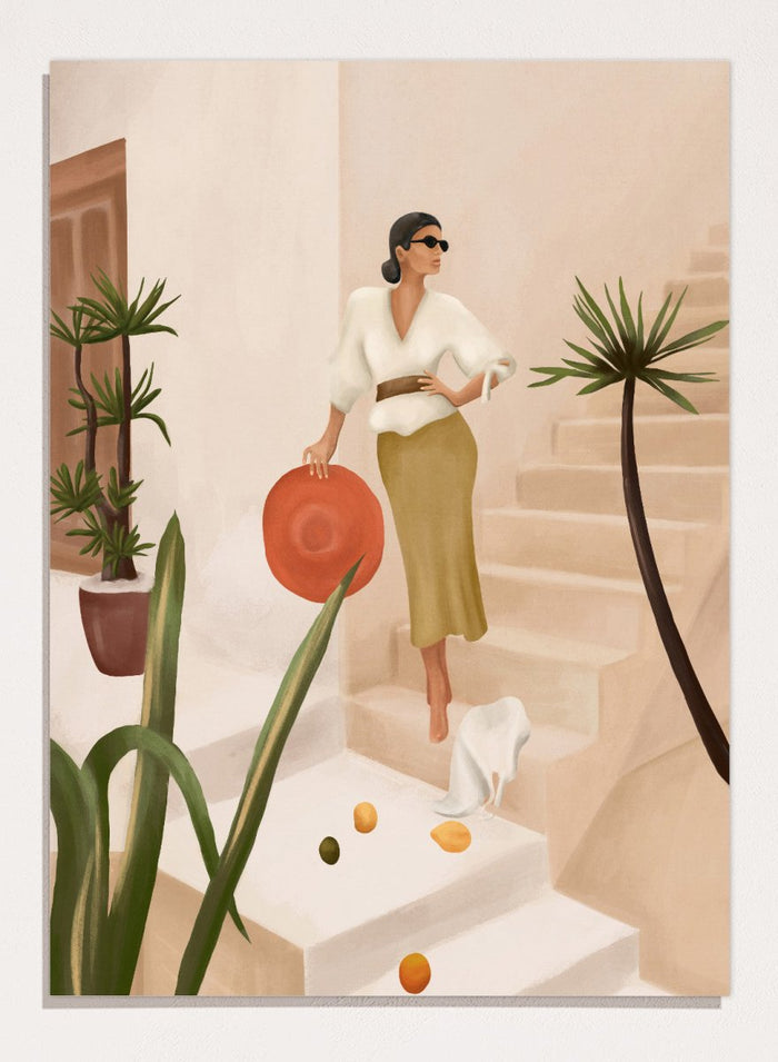Woman descending stairs holding a red bag, surrounded by plants and fruit on a light background. Chic Woman Warm Steps by City Art features a woman surrounded by tropical plants and warm Mediterranean interiors, bringing organic living and natural style into the home.