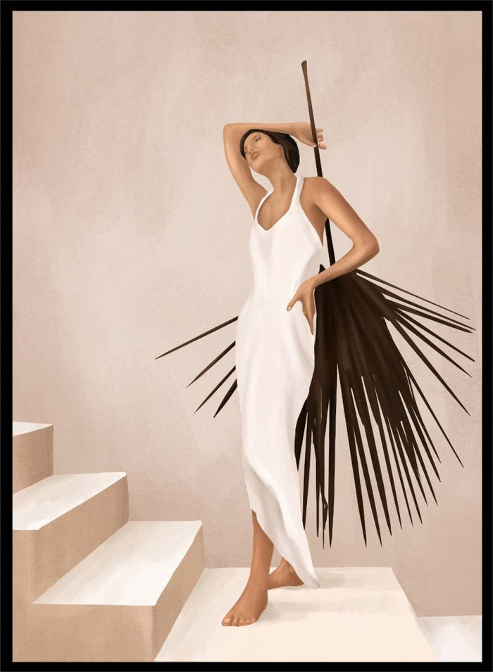 Woman in a white dress standing on a staircase with a palm leaf design. Elegant Tropical Serenity by City Art features a woman in a flowing white dress and palm leaves, bringing organic living, tropical style, and warm neutral tones into the home.