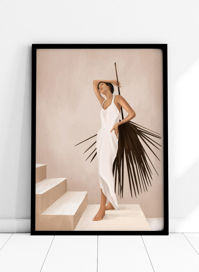 Woman in a white dress standing on a staircase with a palm leaf design. Elegant Tropical Serenity by City Art features a woman in a flowing white dress and palm leaves, bringing organic living, tropical style, and warm neutral tones into the home.