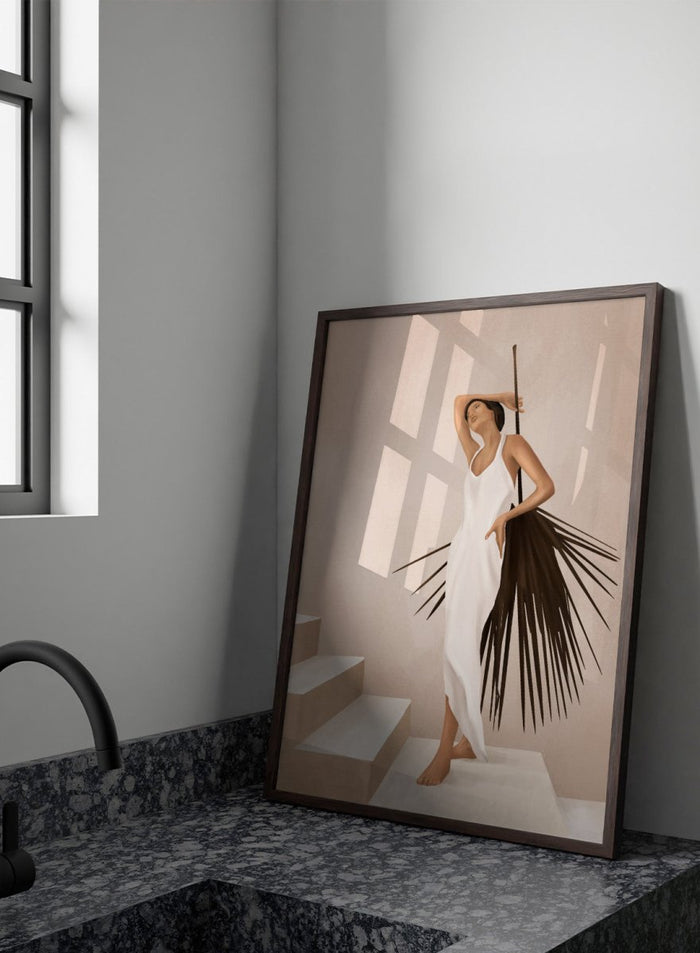 Woman in a white dress standing on a staircase with a palm leaf design. Elegant Tropical Serenity by City Art features a woman in a flowing white dress and palm leaves, bringing organic living, tropical style, and warm neutral tones into the home.