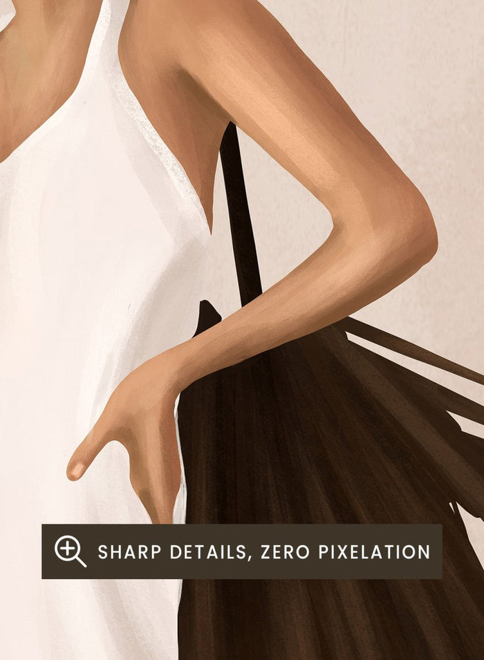 Woman in a white dress standing on a staircase with a palm leaf design. Elegant Tropical Serenity by City Art features a woman in a flowing white dress and palm leaves, bringing organic living, tropical style, and warm neutral tones into the home.