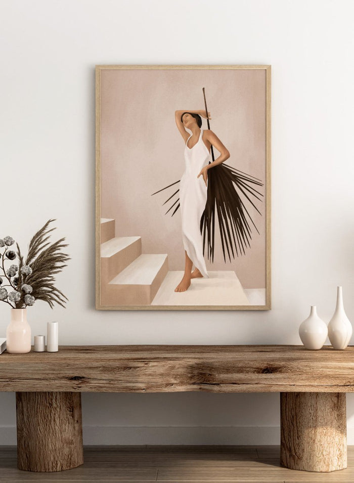 Woman in a white dress standing on a staircase with a palm leaf design. Elegant Tropical Serenity by City Art features a woman in a flowing white dress and palm leaves, bringing organic living, tropical style, and warm neutral tones into the home.