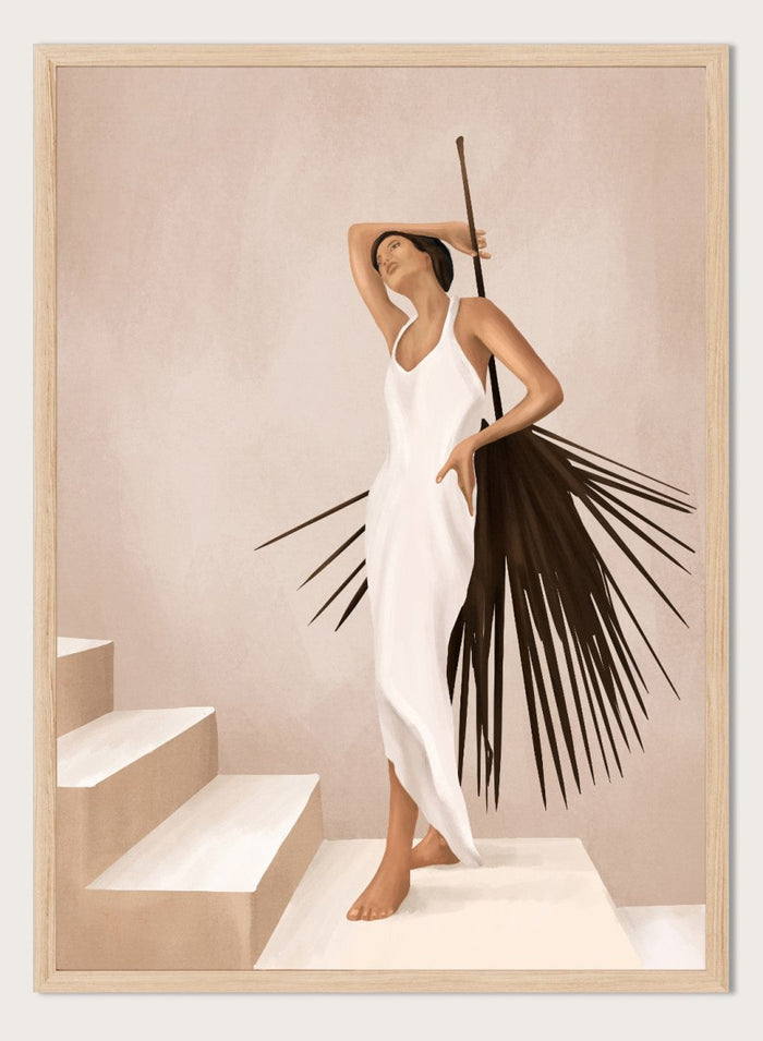 Woman in a white dress standing on a staircase with a palm leaf design. Elegant Tropical Serenity by City Art features a woman in a flowing white dress and palm leaves, bringing organic living, tropical style, and warm neutral tones into the home.