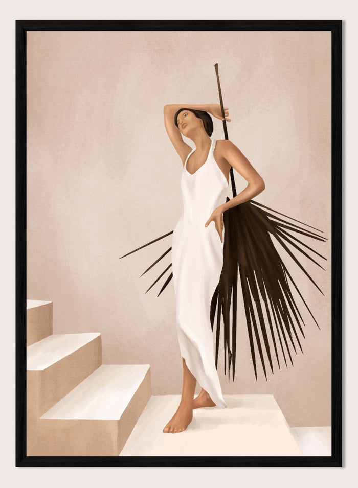 Woman in a white dress standing on a staircase with a palm leaf design. Elegant Tropical Serenity by City Art features a woman in a flowing white dress and palm leaves, bringing organic living, tropical style, and warm neutral tones into the home.