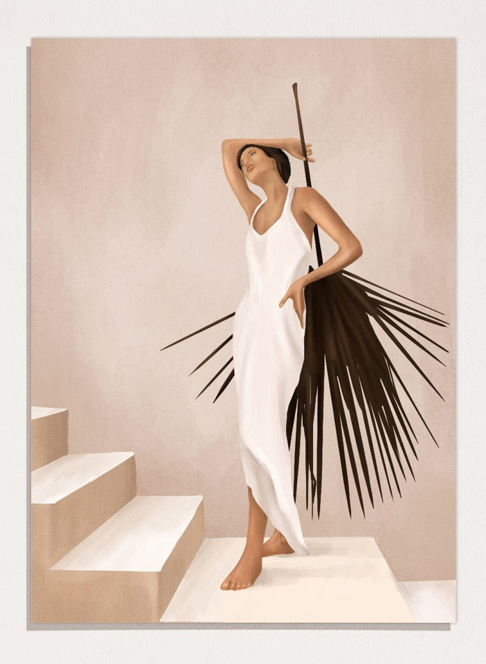 Woman in a white dress standing on a staircase with a palm leaf design. Elegant Tropical Serenity by City Art features a woman in a flowing white dress and palm leaves, bringing organic living, tropical style, and warm neutral tones into the home.