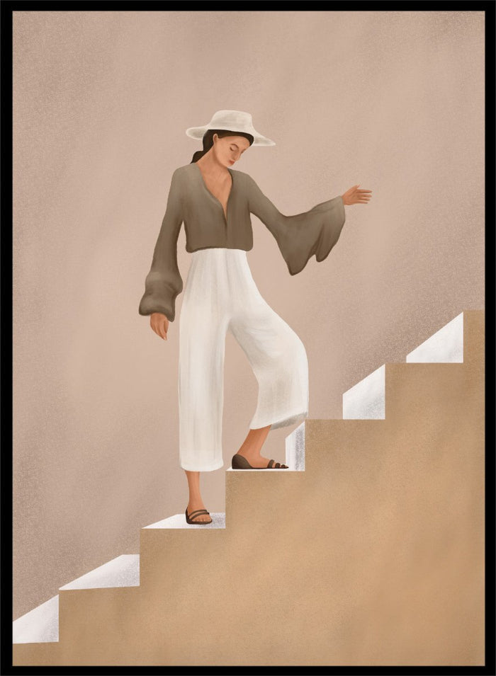 Woman in a brown top and white pants standing on beige steps with a neutral background. Elegant Woman Ascending by City Art is a modern figurative art print featuring a stylish woman on stairs in warm neutrals, white trousers, and an olive blouse.