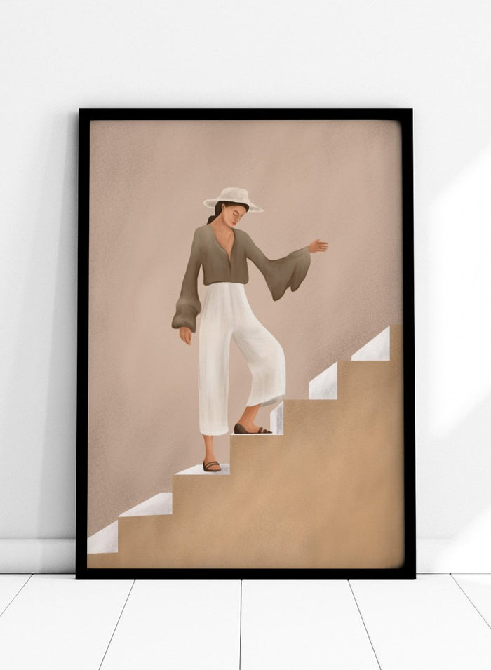 Woman in a brown top and white pants standing on beige steps with a neutral background. Elegant Woman Ascending by City Art is a modern figurative art print featuring a stylish woman on stairs in warm neutrals, white trousers, and an olive blouse.