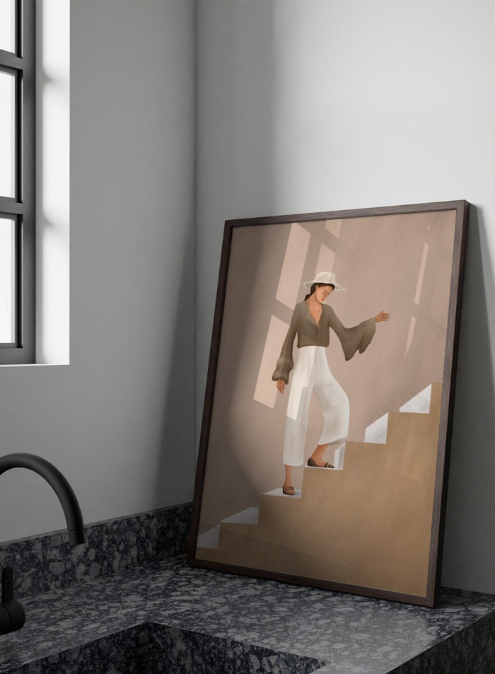 Woman in a brown top and white pants standing on beige steps with a neutral background. Elegant Woman Ascending by City Art is a modern figurative art print featuring a stylish woman on stairs in warm neutrals, white trousers, and an olive blouse.