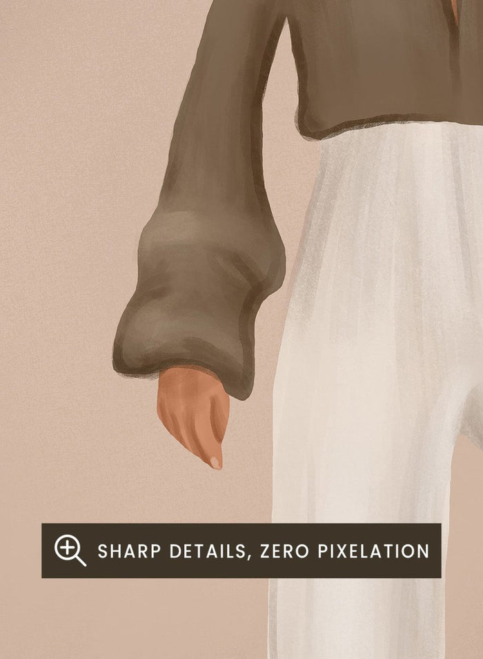 Woman in a brown top and white pants standing on beige steps with a neutral background. Elegant Woman Ascending by City Art is a modern figurative art print featuring a stylish woman on stairs in warm neutrals, white trousers, and an olive blouse.