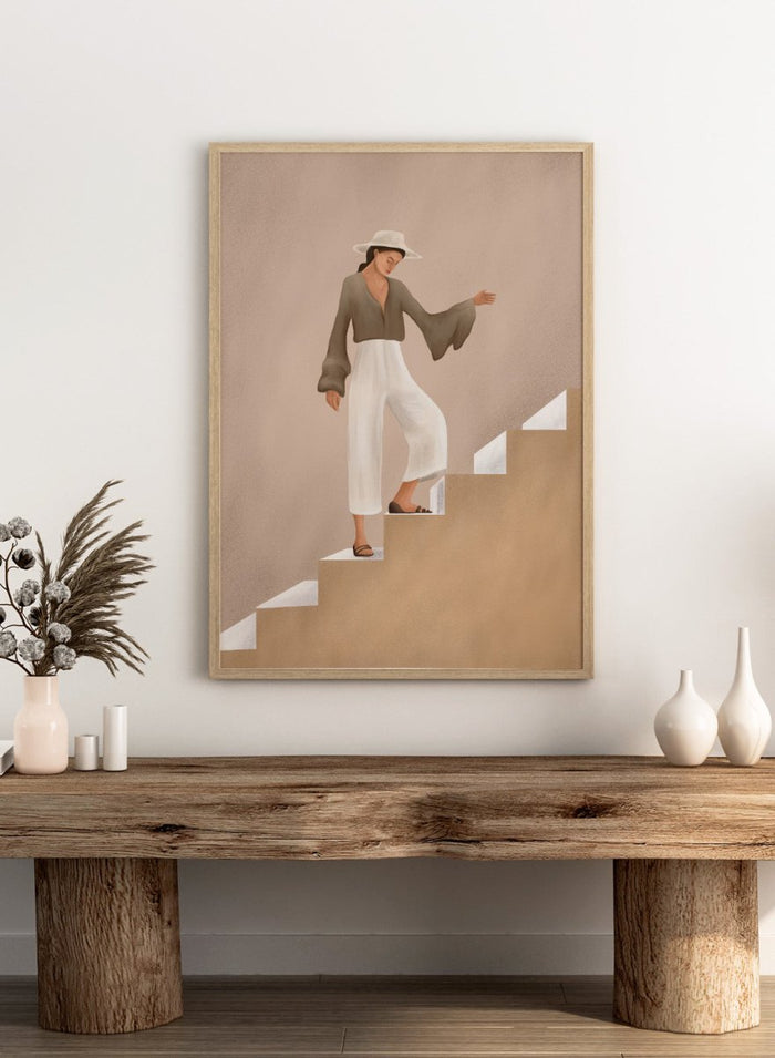 Woman in a brown top and white pants standing on beige steps with a neutral background. Elegant Woman Ascending by City Art is a modern figurative art print featuring a stylish woman on stairs in warm neutrals, white trousers, and an olive blouse.