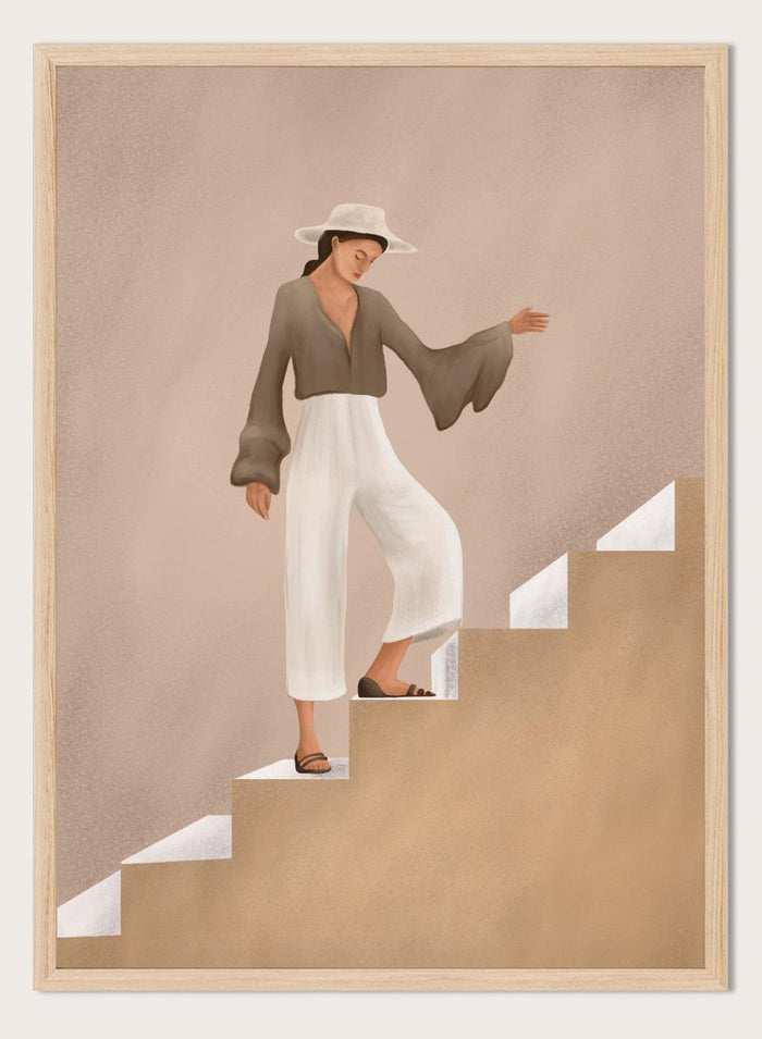 Woman in a brown top and white pants standing on beige steps with a neutral background. Elegant Woman Ascending by City Art is a modern figurative art print featuring a stylish woman on stairs in warm neutrals, white trousers, and an olive blouse.