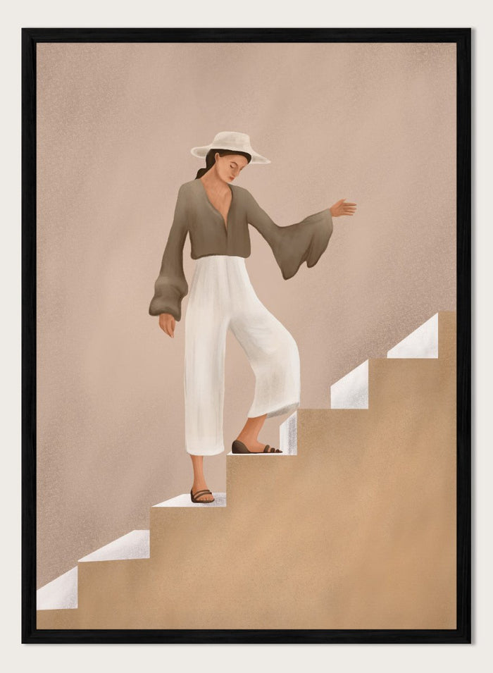Woman in a brown top and white pants standing on beige steps with a neutral background. Elegant Woman Ascending by City Art is a modern figurative art print featuring a stylish woman on stairs in warm neutrals, white trousers, and an olive blouse.