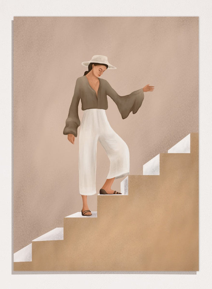 Woman in a brown top and white pants standing on beige steps with a neutral background. Elegant Woman Ascending by City Art is a modern figurative art print featuring a stylish woman on stairs in warm neutrals, white trousers, and an olive blouse.