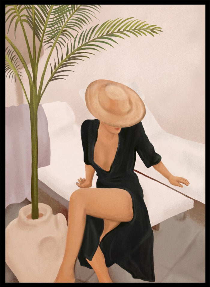 Woman in a black dress and straw hat sitting on a white chair with a plant nearby. Elegant Woman Sun Hat by City Art is a modern figurative art print featuring a stylish woman, tropical greenery, warm neutrals, and relaxed summer living.