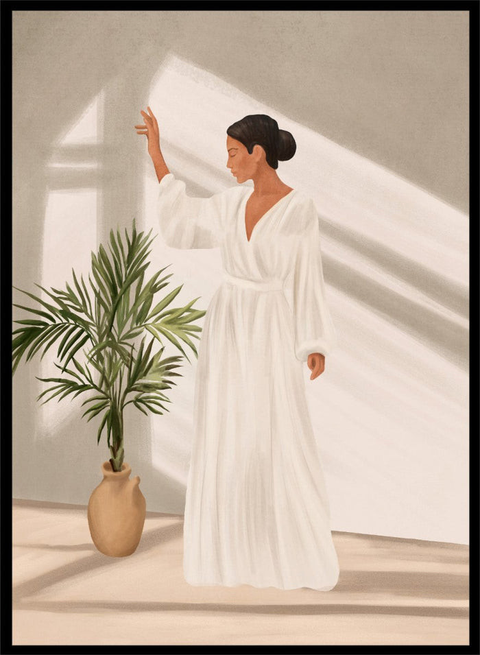 Woman in a white dress standing in a softly lit room with a plant. Elegant Woman Warm Light by City Art is a modern figurative art print featuring a woman in white, golden sunlight, tropical greenery, and warm neutral tones.