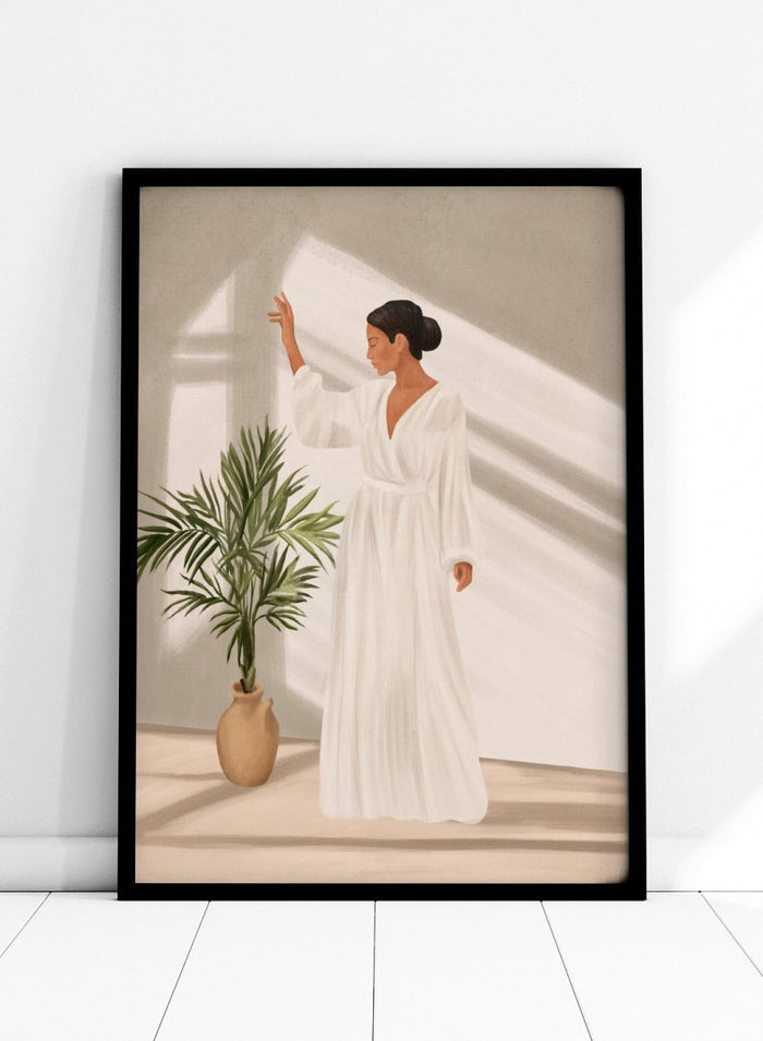 Woman in a white dress standing in a softly lit room with a plant. Elegant Woman Warm Light by City Art is a modern figurative art print featuring a woman in white, golden sunlight, tropical greenery, and warm neutral tones.