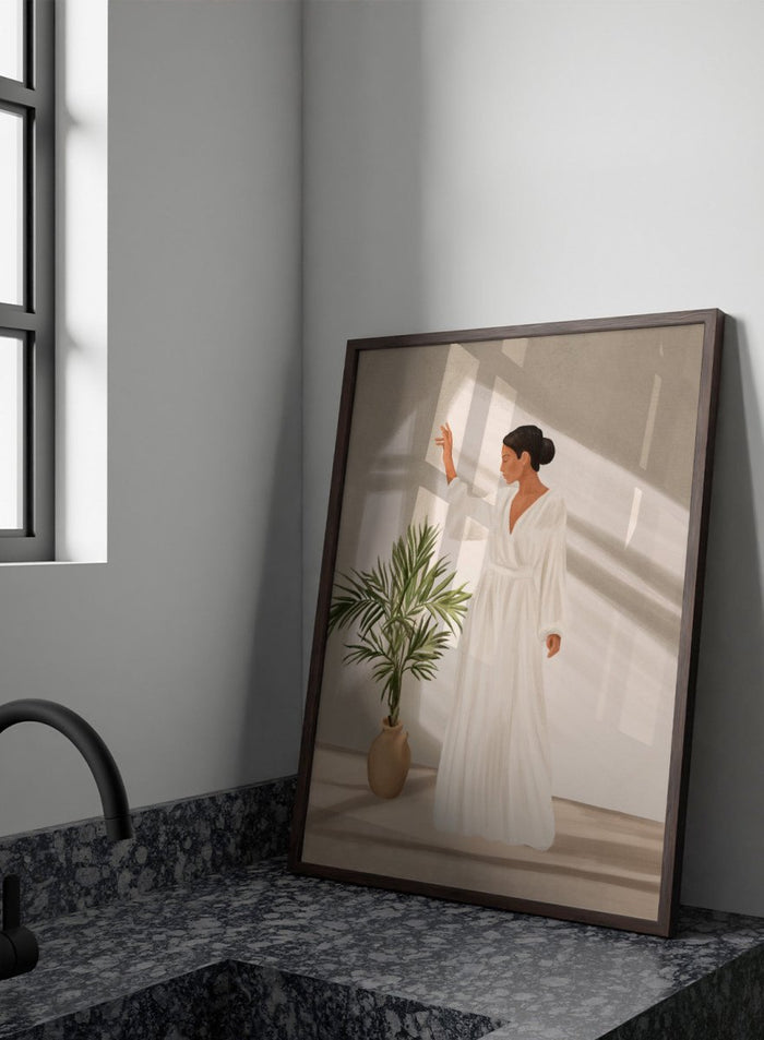 Woman in a white dress standing in a softly lit room with a plant. Elegant Woman Warm Light by City Art is a modern figurative art print featuring a woman in white, golden sunlight, tropical greenery, and warm neutral tones.
