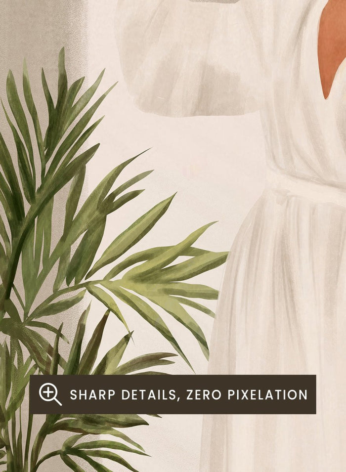 Woman in a white dress standing in a softly lit room with a plant. Elegant Woman Warm Light by City Art is a modern figurative art print featuring a woman in white, golden sunlight, tropical greenery, and warm neutral tones.