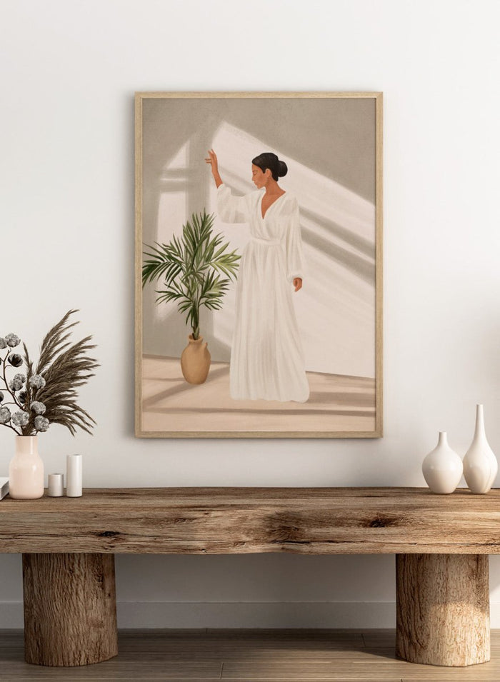 Woman in a white dress standing in a softly lit room with a plant. Elegant Woman Warm Light by City Art is a modern figurative art print featuring a woman in white, golden sunlight, tropical greenery, and warm neutral tones.