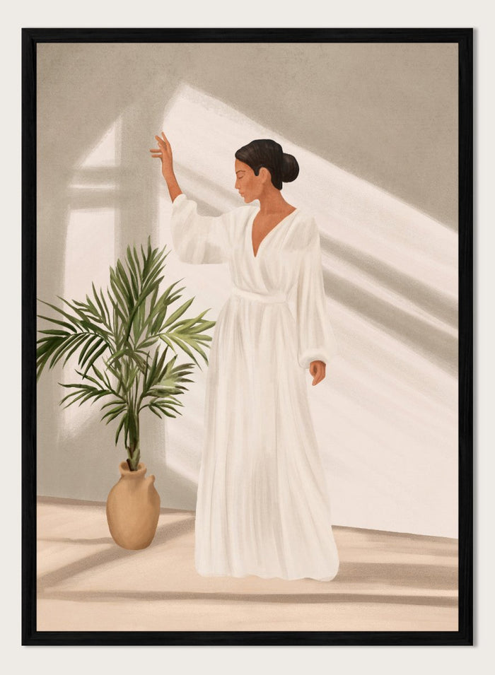 Woman in a white dress standing in a softly lit room with a plant. Elegant Woman Warm Light by City Art is a modern figurative art print featuring a woman in white, golden sunlight, tropical greenery, and warm neutral tones.