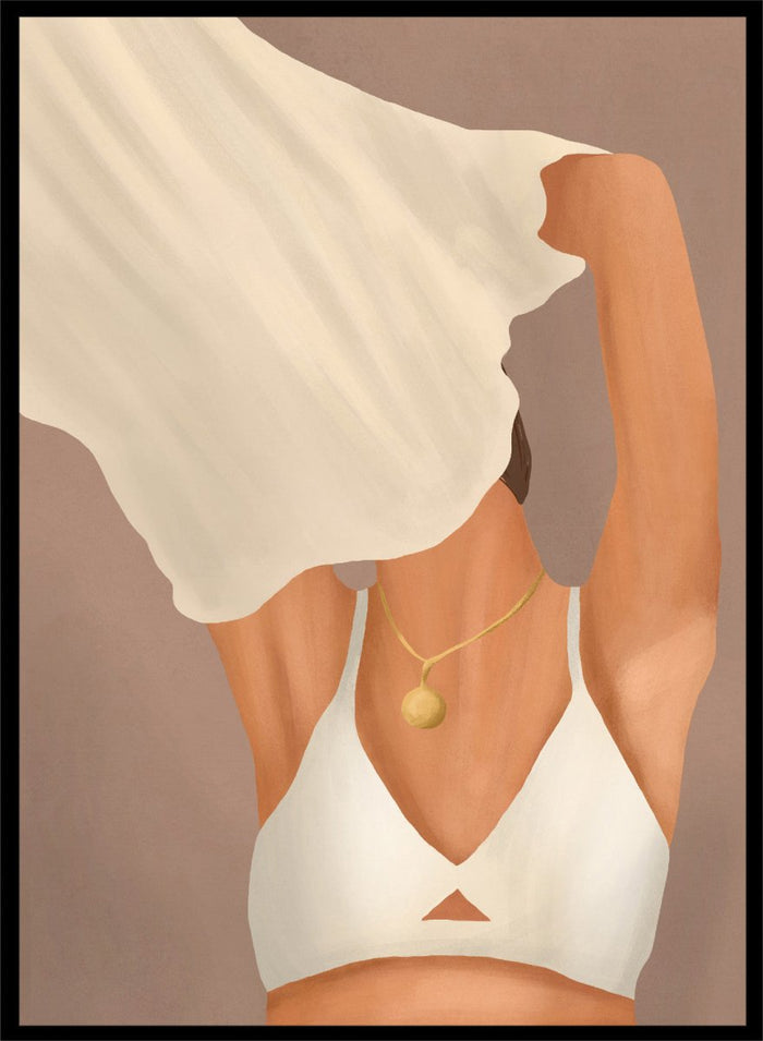 Illustration of a person wearing a white garment and gold necklace on a beige background. Feminine Beauty by City Art is a minimalist figurative art print featuring a woman with flowing fabric, warm neutral tones, and modern feminine style.