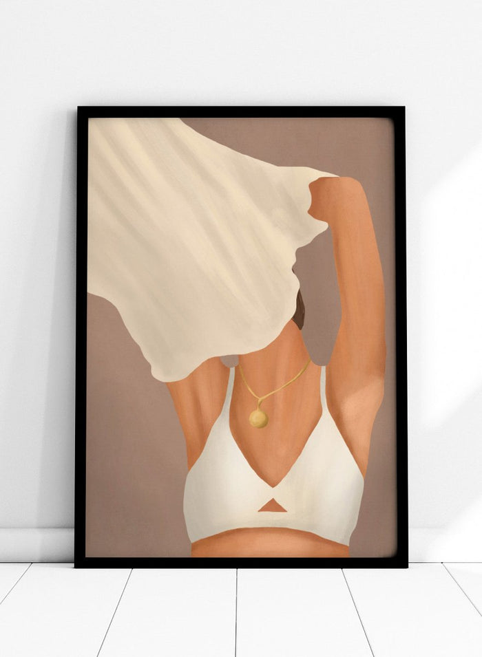 Illustration of a person wearing a white garment and gold necklace on a beige background. Feminine Beauty by City Art is a minimalist figurative art print featuring a woman with flowing fabric, warm neutral tones, and modern feminine style.